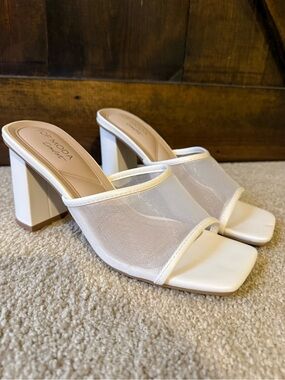 TOP Moda White Mesh Square Toe Block Heel Mules